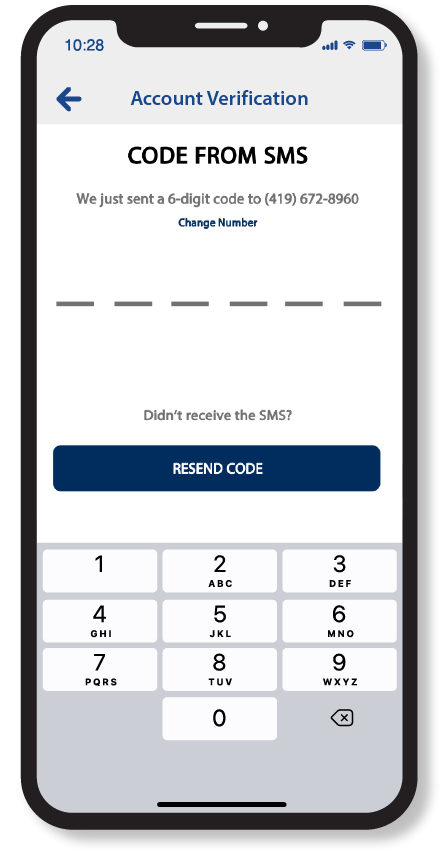 mobile screen - enter the 6 digit code